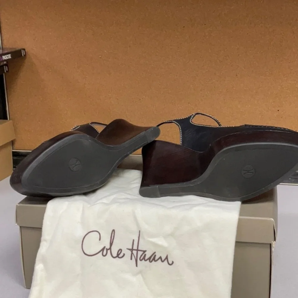 Cole Haan Black Leather Platform Mary Jane Wedge Slingbacks